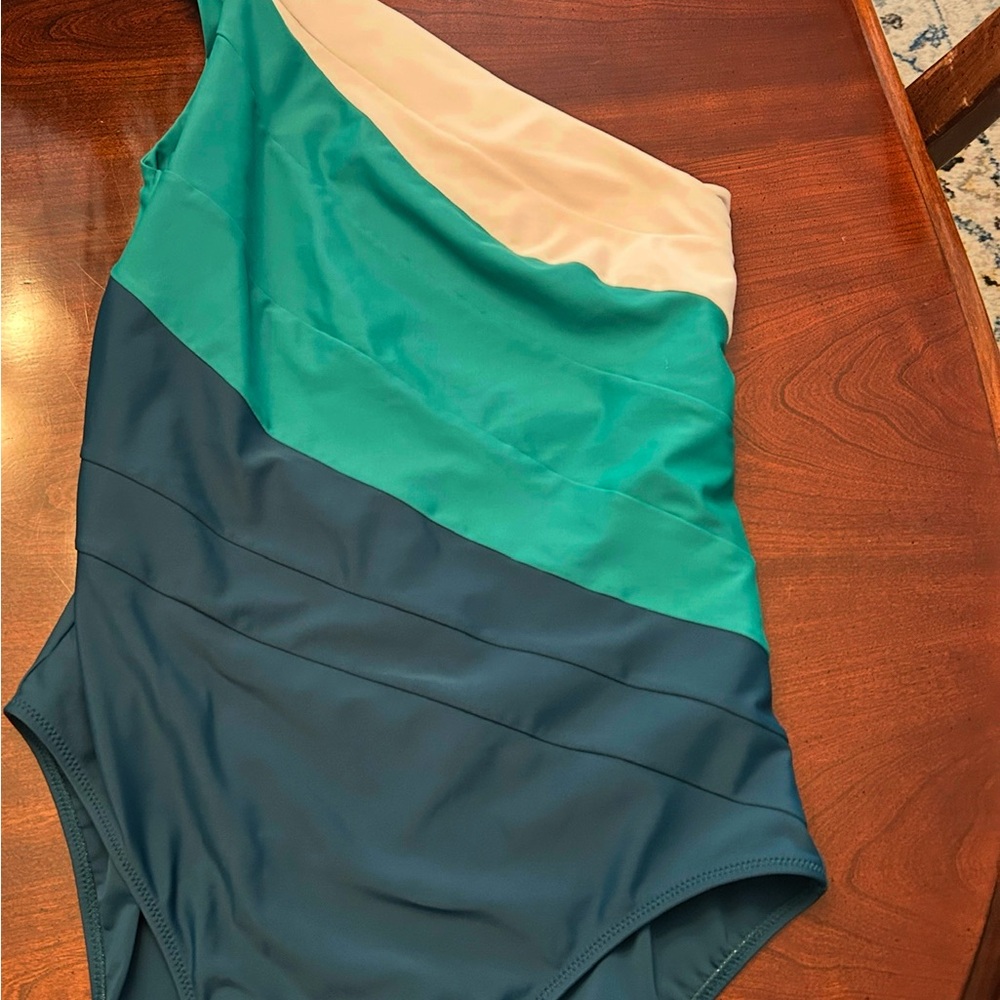 Green and white- Asymmetrical One-Piece Swimsuit